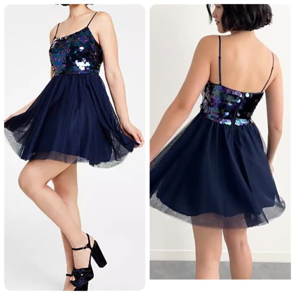 City Studio Juniors' Embellished Mesh Fit Flare Dress Sz 9/10 Navy Blue Sequin